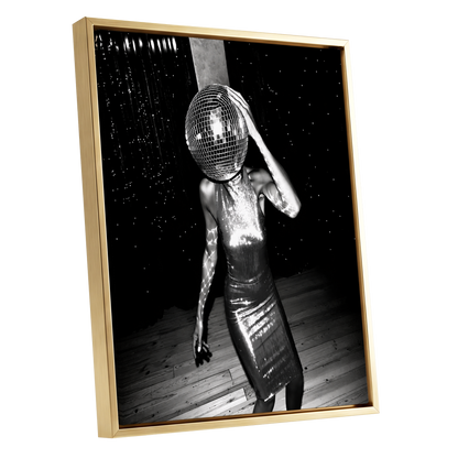 Midnight Mirrorball, black, white, gray minimalist wall art shown as a gold framed canvas wall art