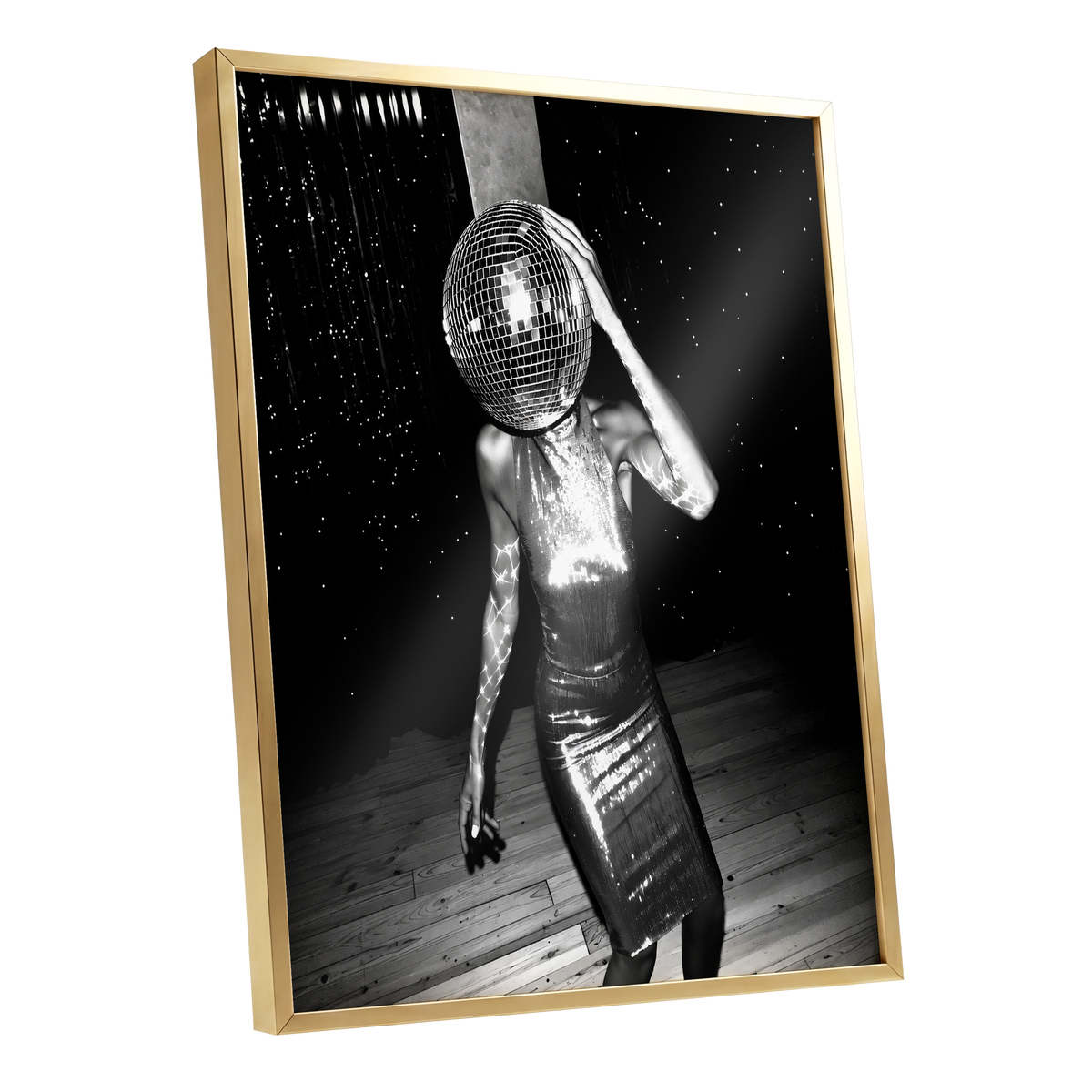 Midnight Mirrorball, black, white, gray minimalist wall art shown as a gold framed poster wall art print