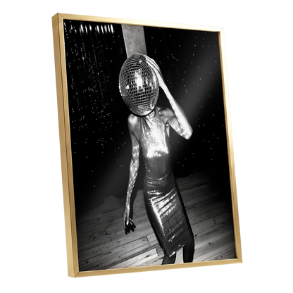 Midnight Mirrorball, black, white, gray minimalist wall art shown as a gold framed poster wall art print