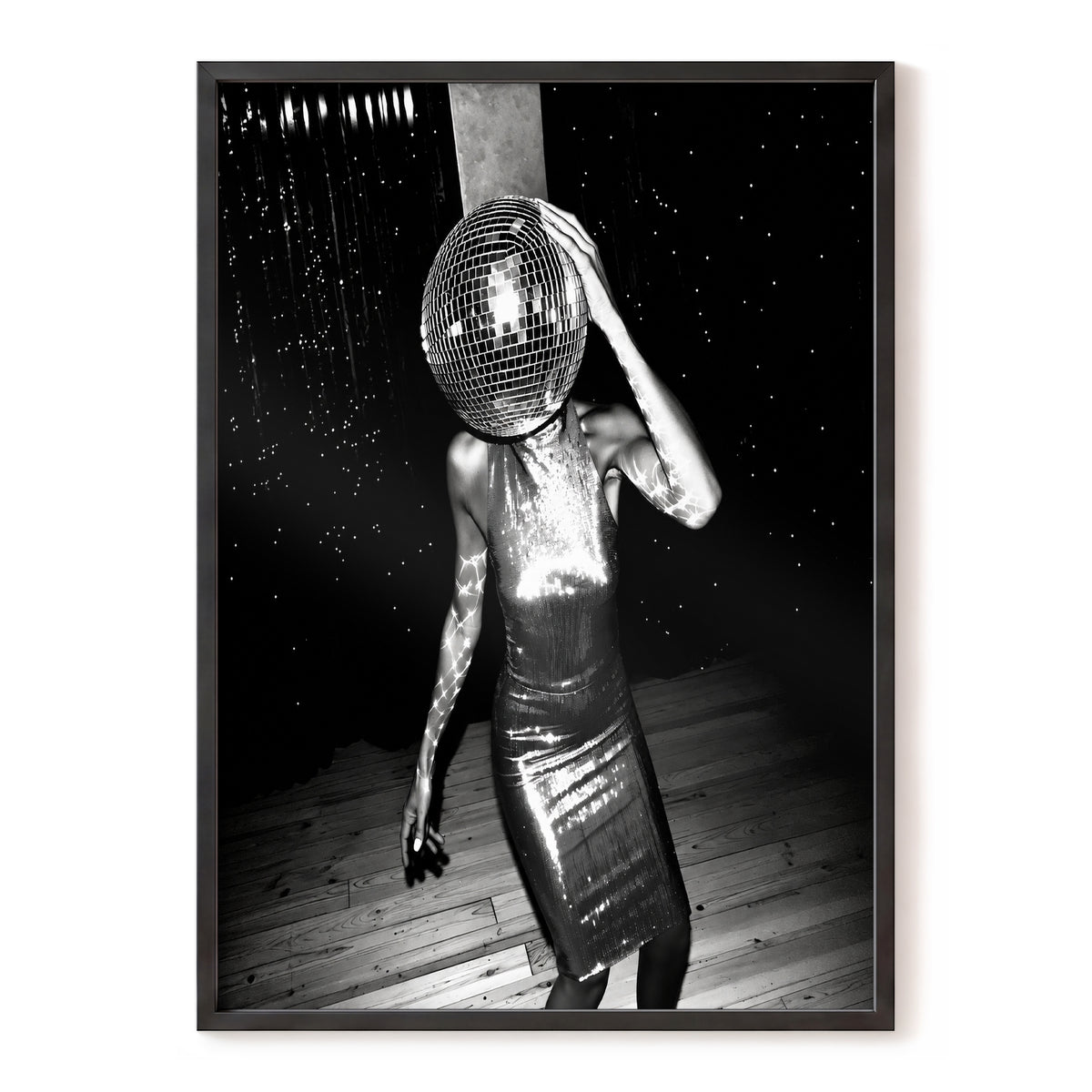 Midnight Mirrorball, black, white, gray minimalist wall art, front artwork view