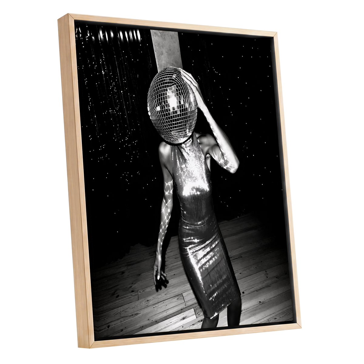Midnight Mirrorball, black, white, gray minimalist wall art shown as a oak framed canvas wall art