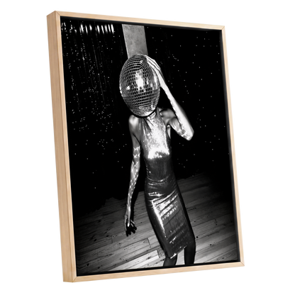 Midnight Mirrorball, black, white, gray minimalist wall art shown as a oak framed canvas wall art