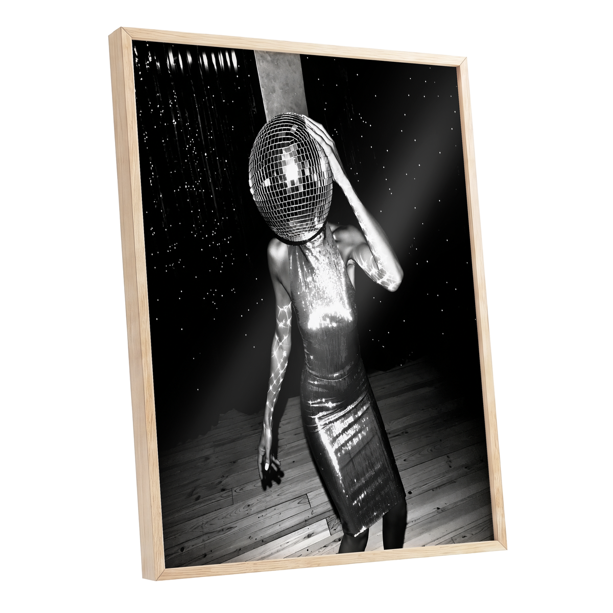 Midnight Mirrorball, black, white, gray minimalist wall art shown as a oak framed poster wall art print