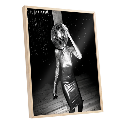 Midnight Mirrorball, black, white, gray minimalist wall art shown as a oak framed poster wall art print