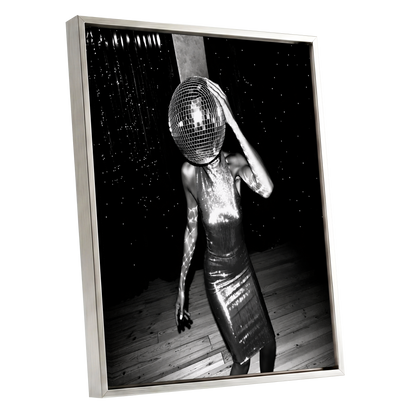 Midnight Mirrorball, black, white, gray minimalist wall art shown as a silver framed canvas wall art