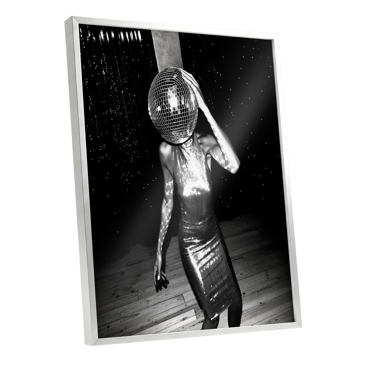 Midnight Mirrorball, black, white, gray minimalist wall art shown as a silver framed poster wall art print