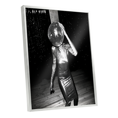 Midnight Mirrorball, black, white, gray minimalist wall art shown as a silver framed poster wall art print