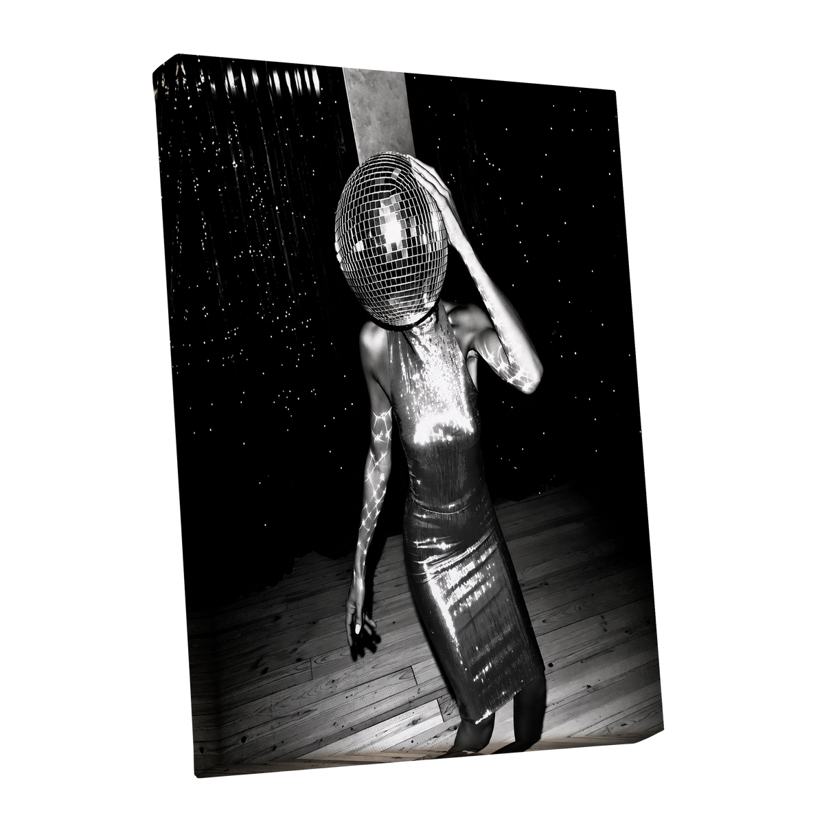 Midnight Mirrorball, black, white, gray minimalist wall art shown as a stretched canvas wall art