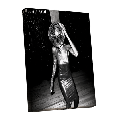Midnight Mirrorball, black, white, gray minimalist wall art shown as a stretched canvas wall art