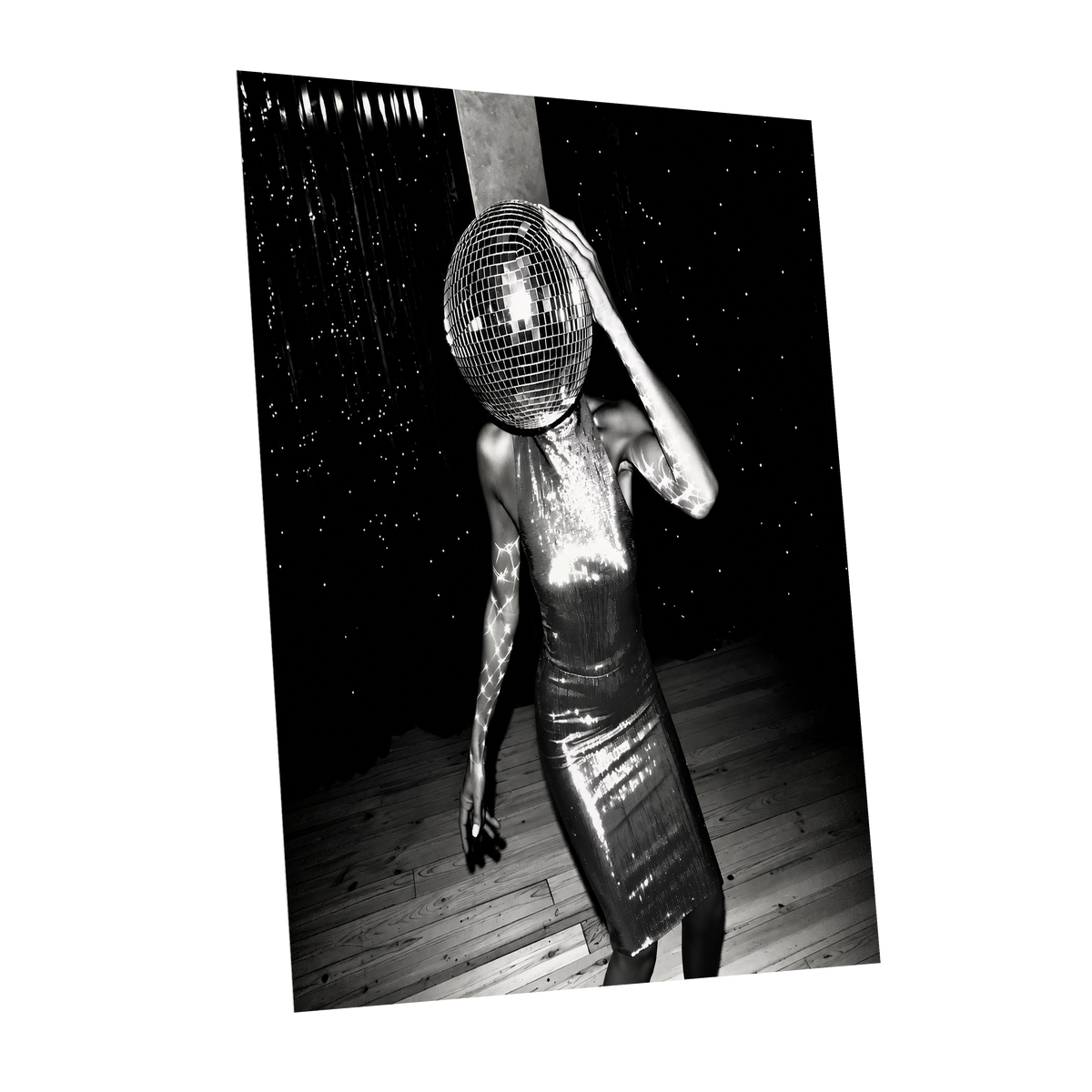Midnight Mirrorball, black, white, gray minimalist wall art shown as a unframed poster wall art print