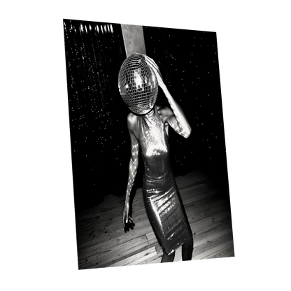 Midnight Mirrorball, black, white, gray minimalist wall art shown as a unframed poster wall art print