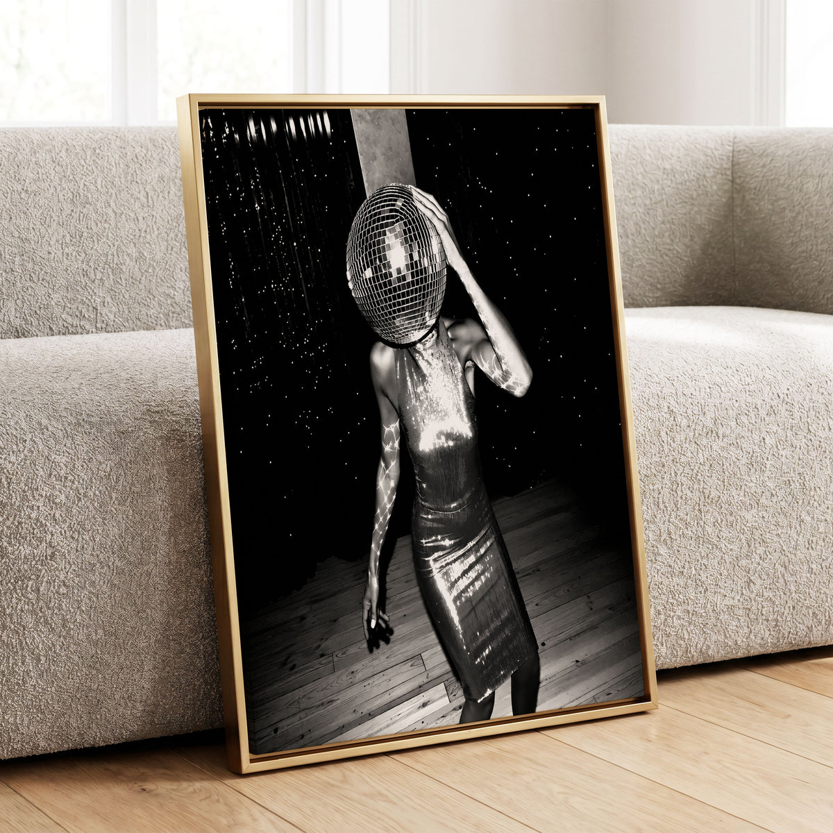 Midnight Mirrorball, black, white, gray minimalist wall art displayed in a styled interior, gallery view 1