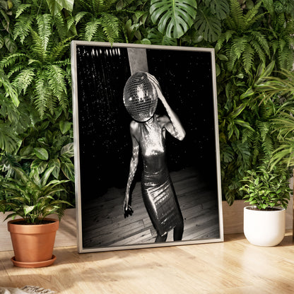 Midnight Mirrorball, black, white, gray minimalist wall art displayed in a styled interior, gallery view 2