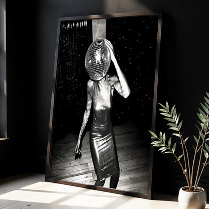 Midnight Mirrorball, black, white, gray minimalist wall art displayed in a styled interior, gallery view 3