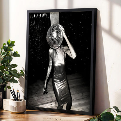 Midnight Mirrorball, black, white, gray minimalist wall art displayed in a styled interior, gallery view 4