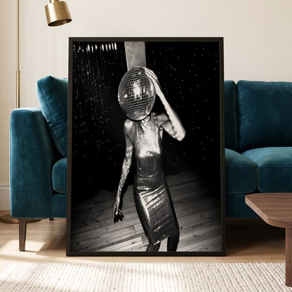 Midnight Mirrorball, black, white, gray minimalist wall art displayed in a styled interior, gallery view 5