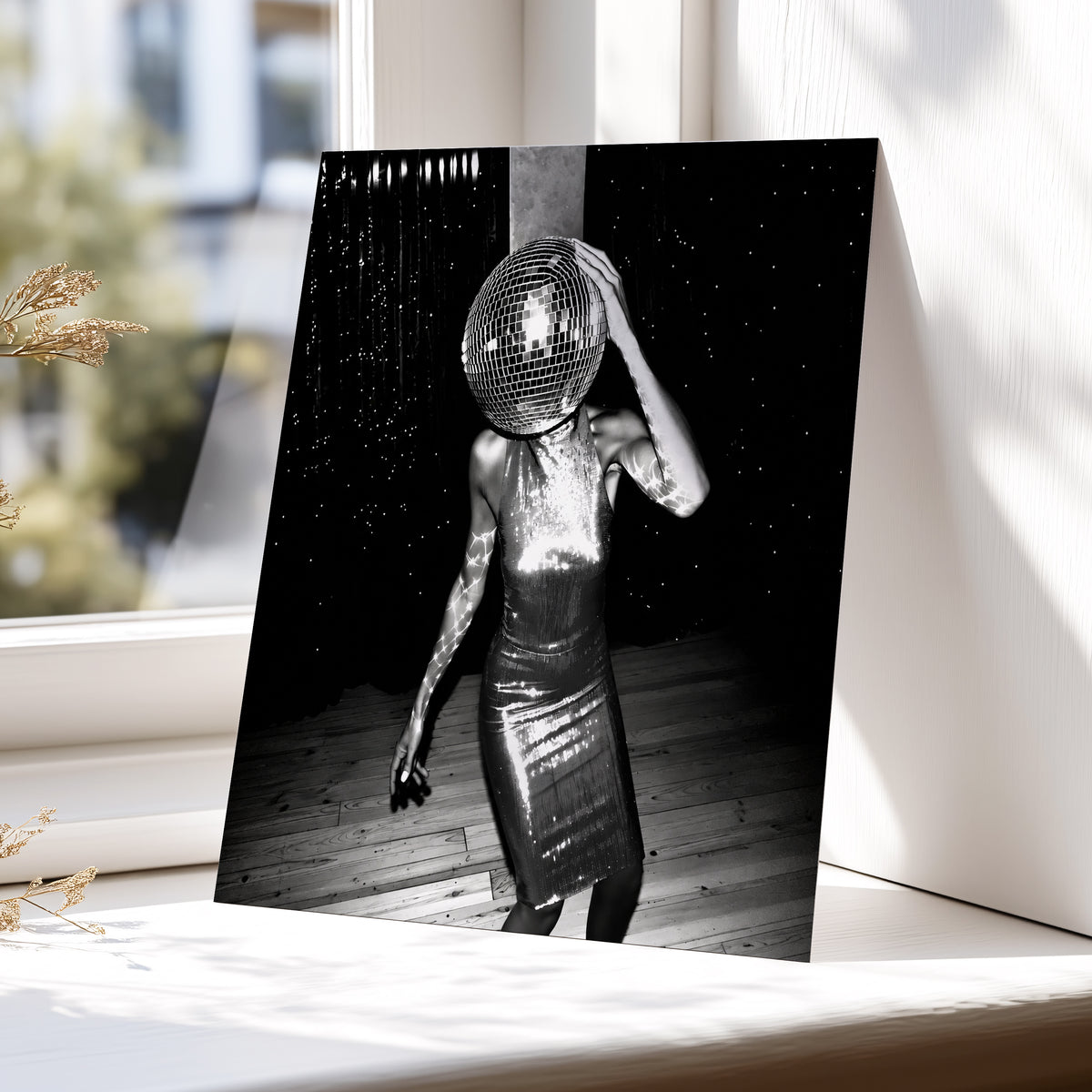 Midnight Mirrorball, black, white, gray minimalist wall art displayed in a styled interior, gallery view 6