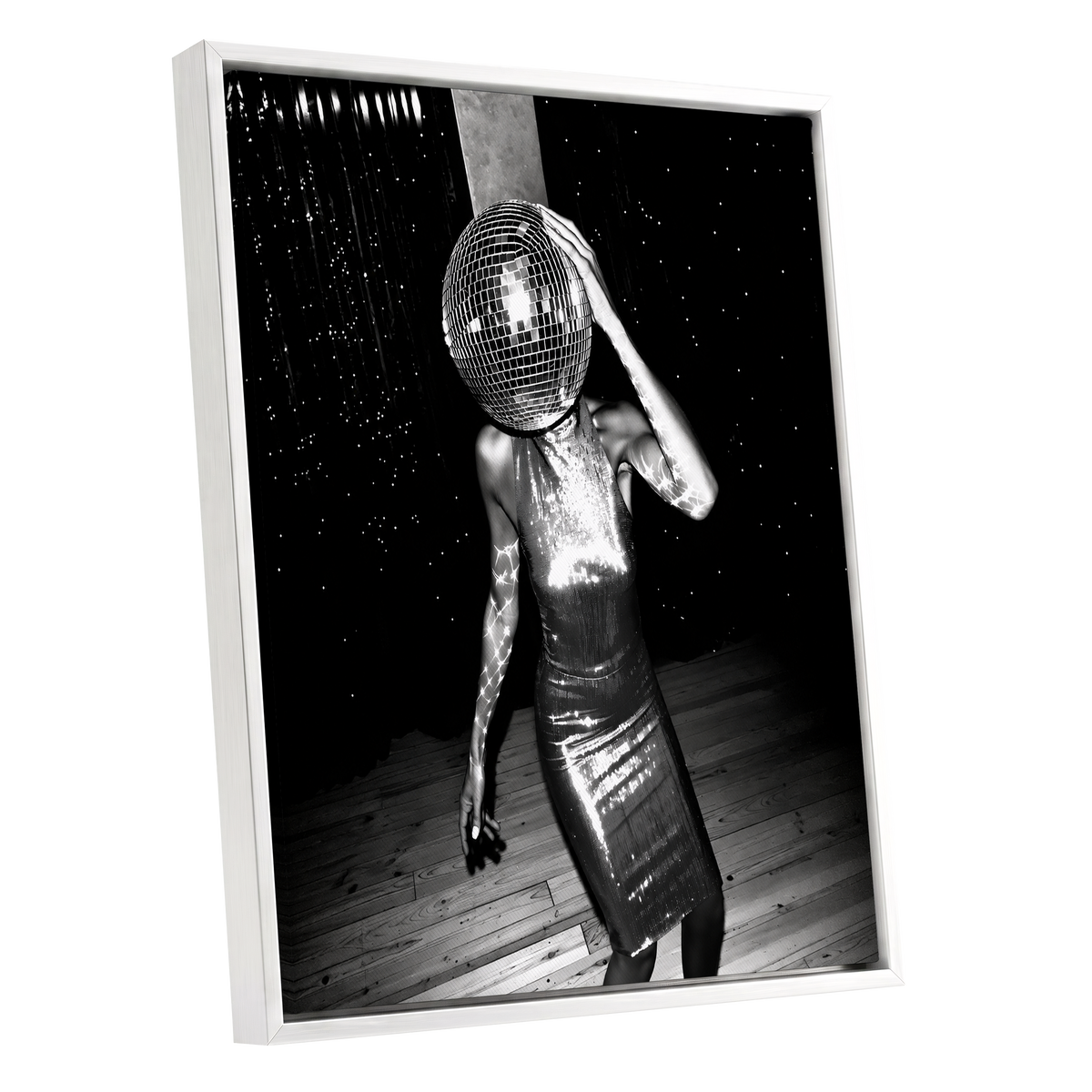 Midnight Mirrorball, black, white, gray minimalist wall art shown as a white framed canvas wall art