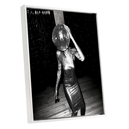 Midnight Mirrorball, black, white, gray minimalist wall art shown as a white framed canvas wall art