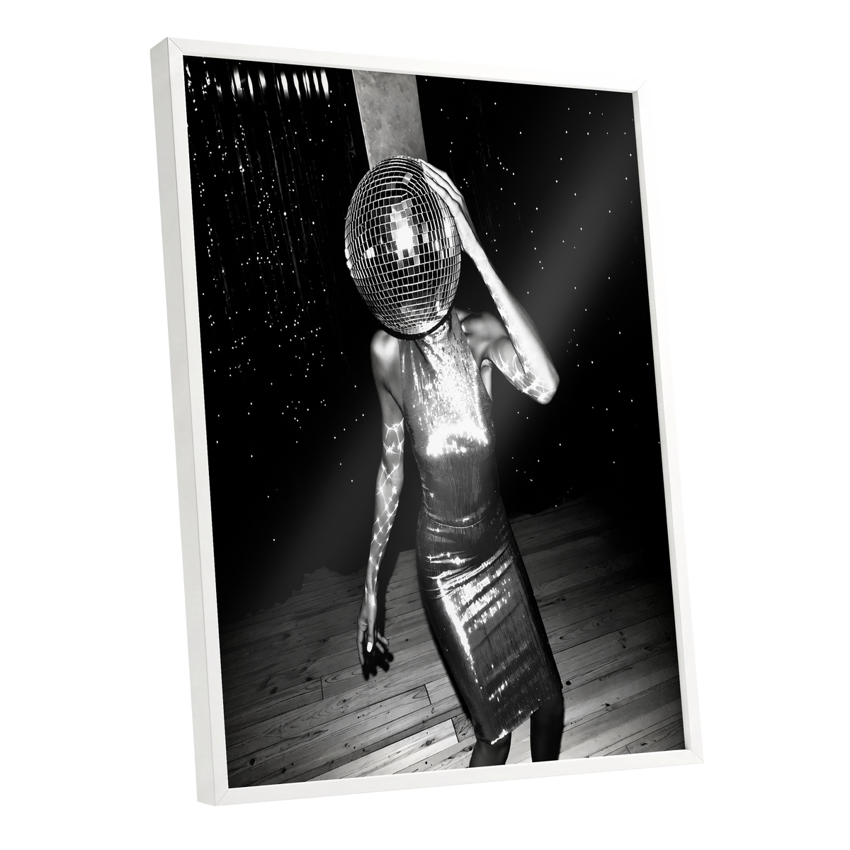 Midnight Mirrorball, black, white, gray minimalist wall art shown as a white framed poster wall art print