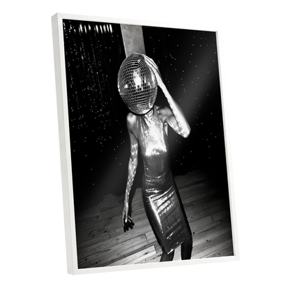 Midnight Mirrorball, black, white, gray minimalist wall art shown as a white framed poster wall art print