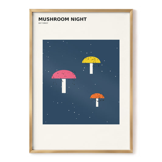 Midnight Mushroom Trio, blue, beige, pink nature wall art, front artwork view