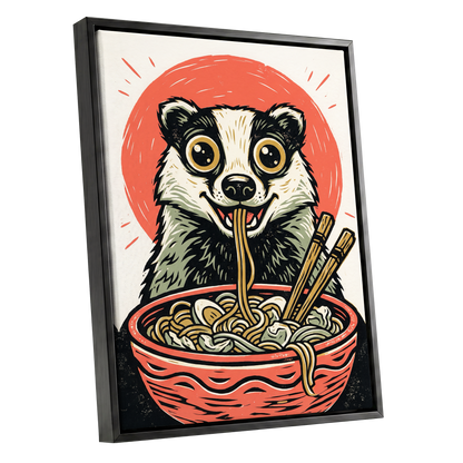 Midnight Noodle Badger, red, black, beige nature wall art shown as a black framed canvas wall art