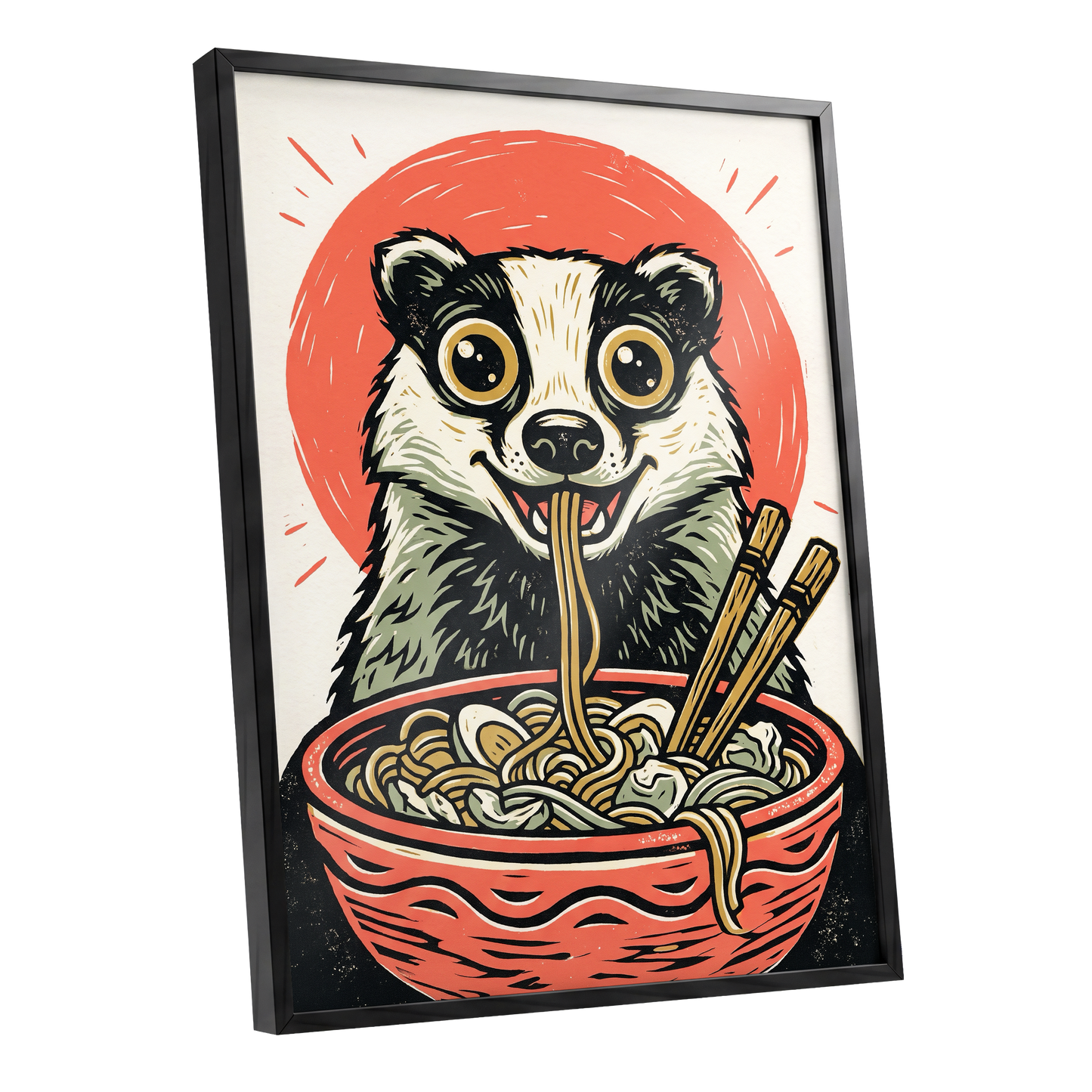 Midnight Noodle Badger, red, black, beige nature wall art shown as a black framed poster wall art print