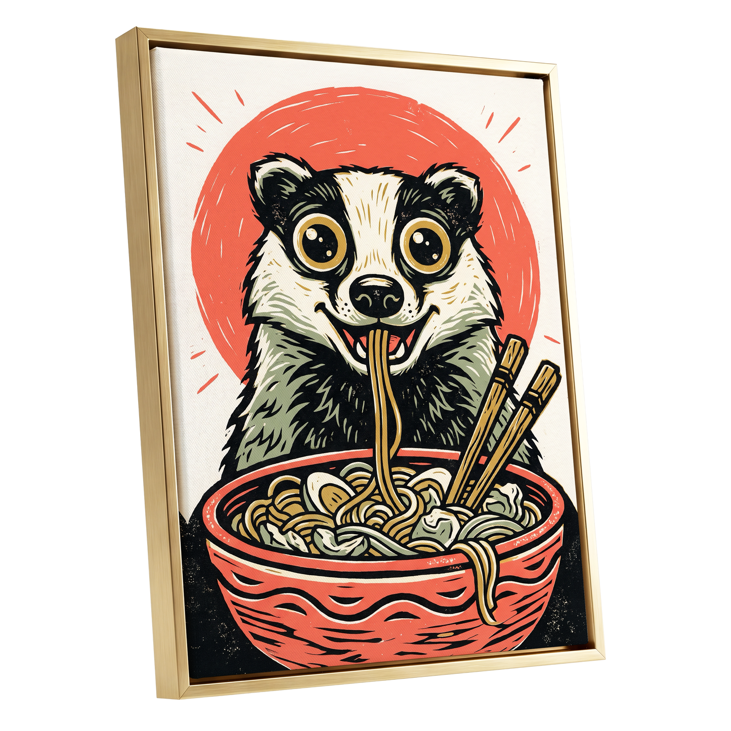 Midnight Noodle Badger, red, black, beige nature wall art shown as a gold framed canvas wall art