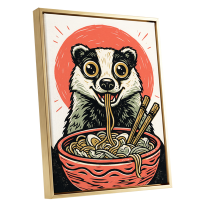 Midnight Noodle Badger, red, black, beige nature wall art shown as a gold framed canvas wall art