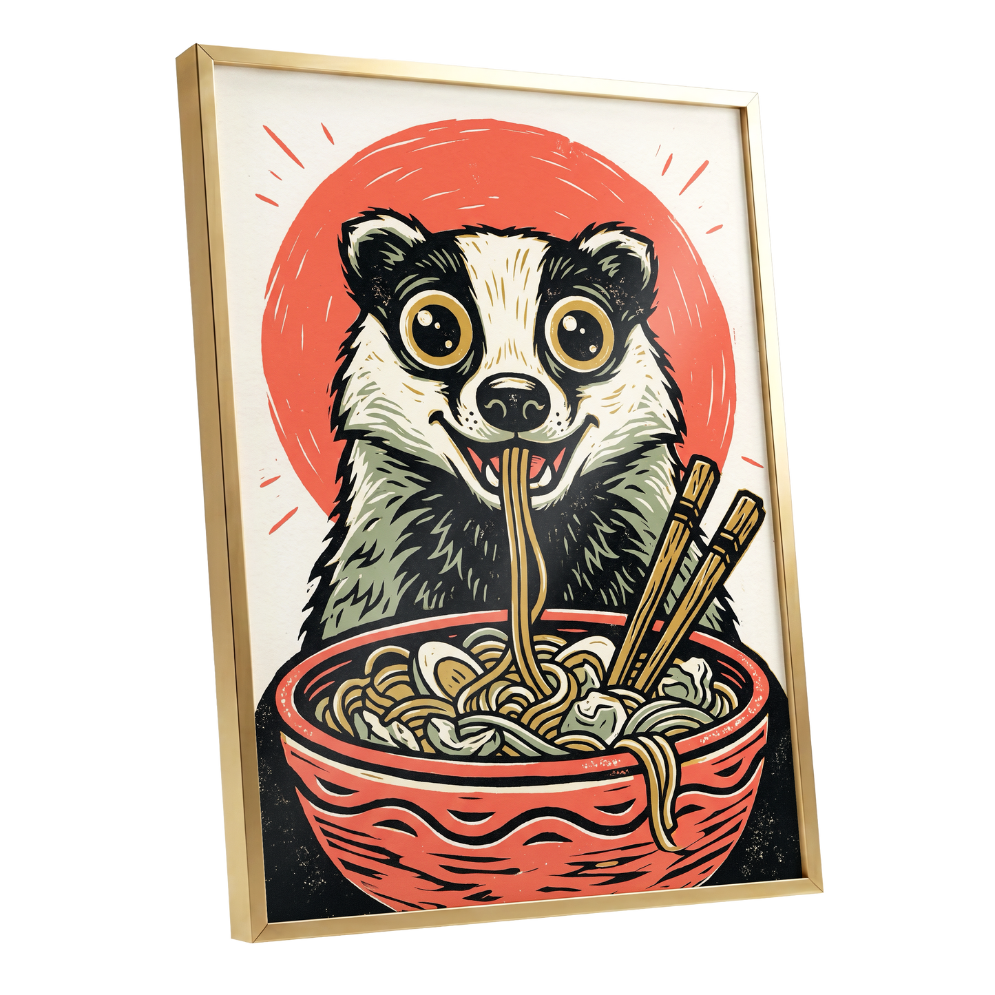 Midnight Noodle Badger, red, black, beige nature wall art shown as a gold framed poster wall art print