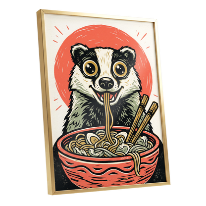 Midnight Noodle Badger, red, black, beige nature wall art shown as a gold framed poster wall art print