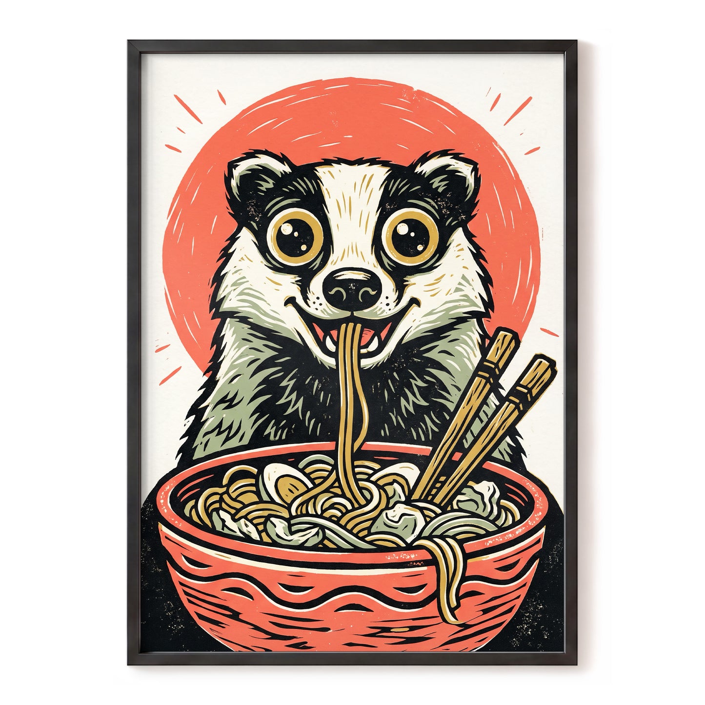 Midnight Noodle Badger, red, black, beige nature wall art, front artwork view