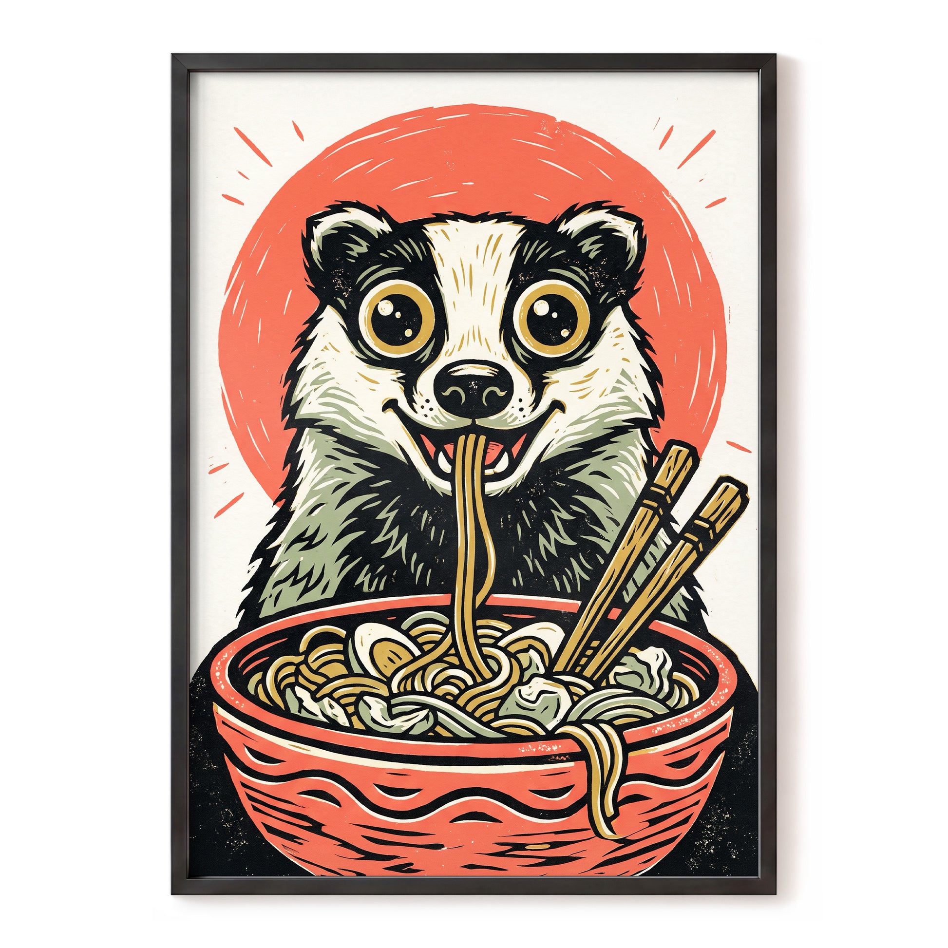 Midnight Noodle Badger, red, black, beige nature wall art, front artwork view
