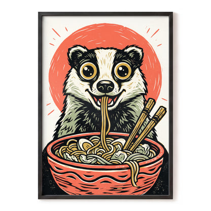 Midnight Noodle Badger, red, black, beige nature wall art, front artwork view