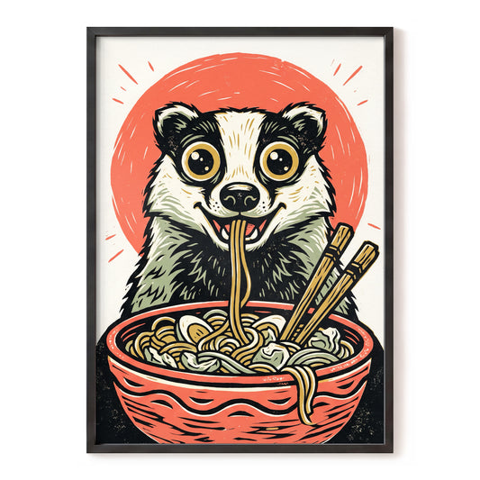 Midnight Noodle Badger, red, black, beige nature wall art, front artwork view