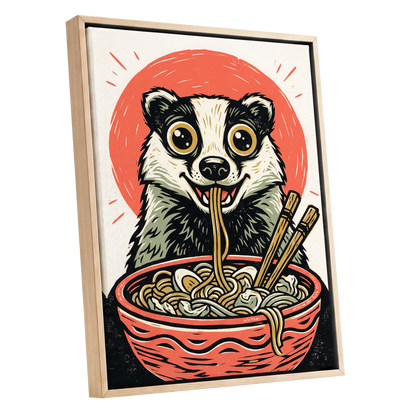 Midnight Noodle Badger, red, black, beige nature wall art shown as a oak framed canvas wall art