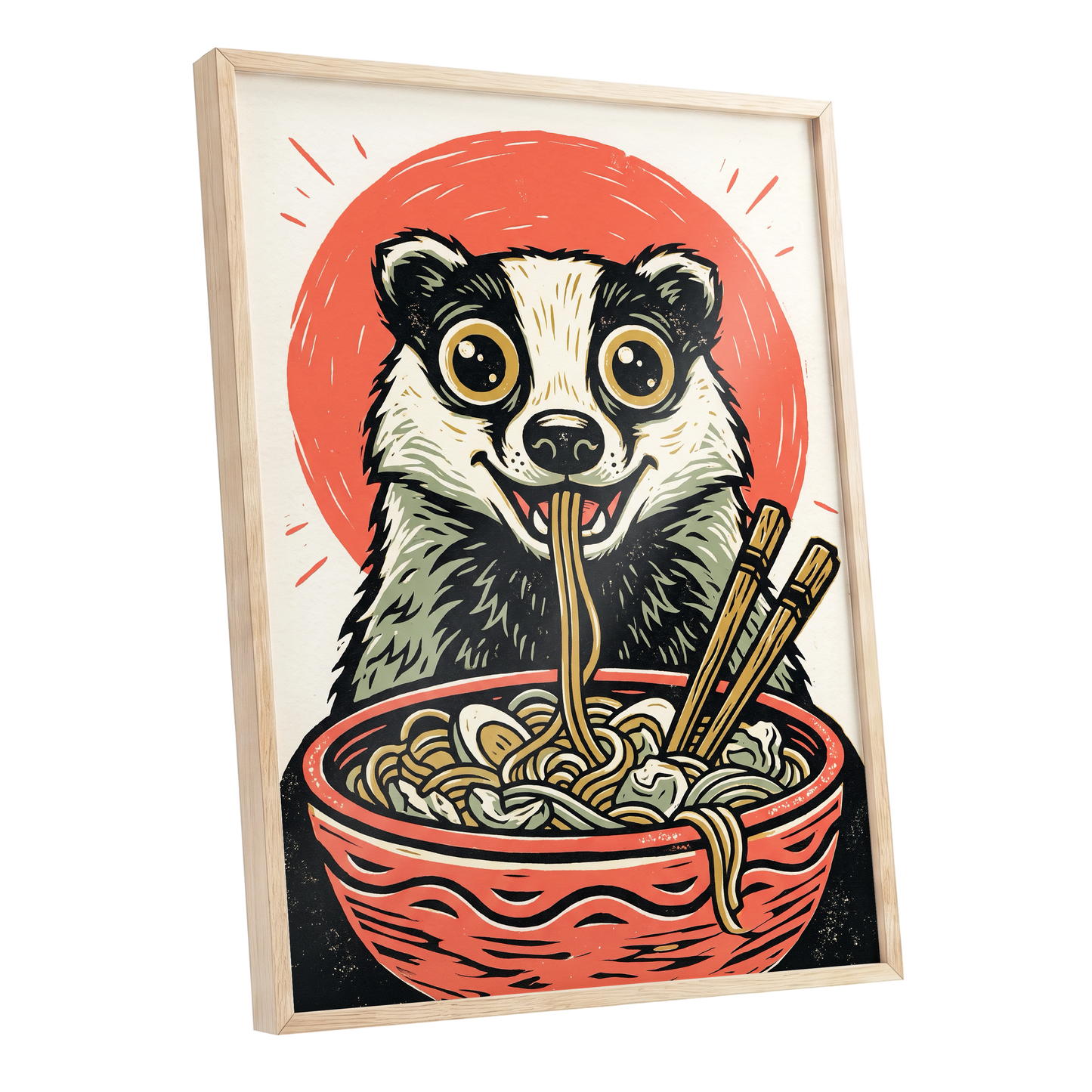 Midnight Noodle Badger, red, black, beige nature wall art shown as a oak framed poster wall art print