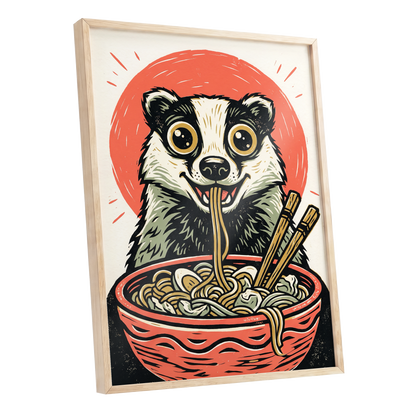 Midnight Noodle Badger, red, black, beige nature wall art shown as a oak framed poster wall art print