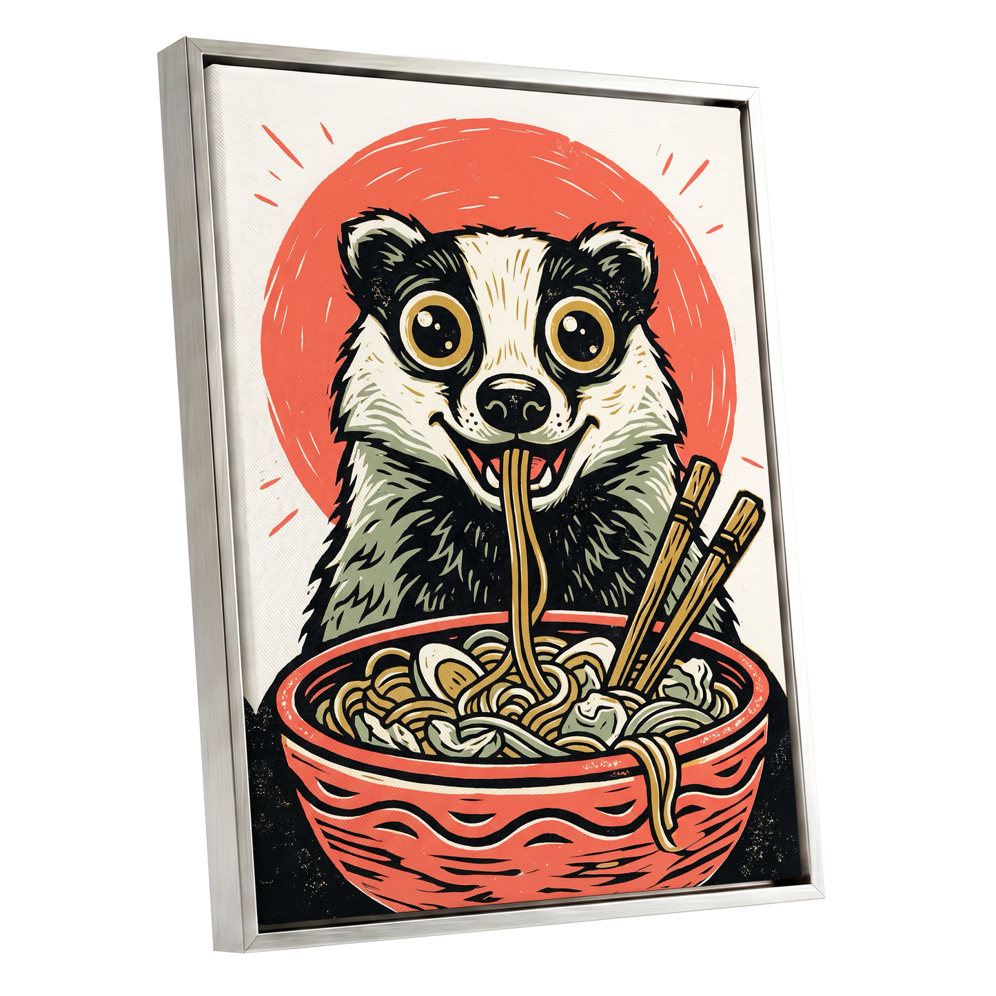 Midnight Noodle Badger, red, black, beige nature wall art shown as a silver framed canvas wall art