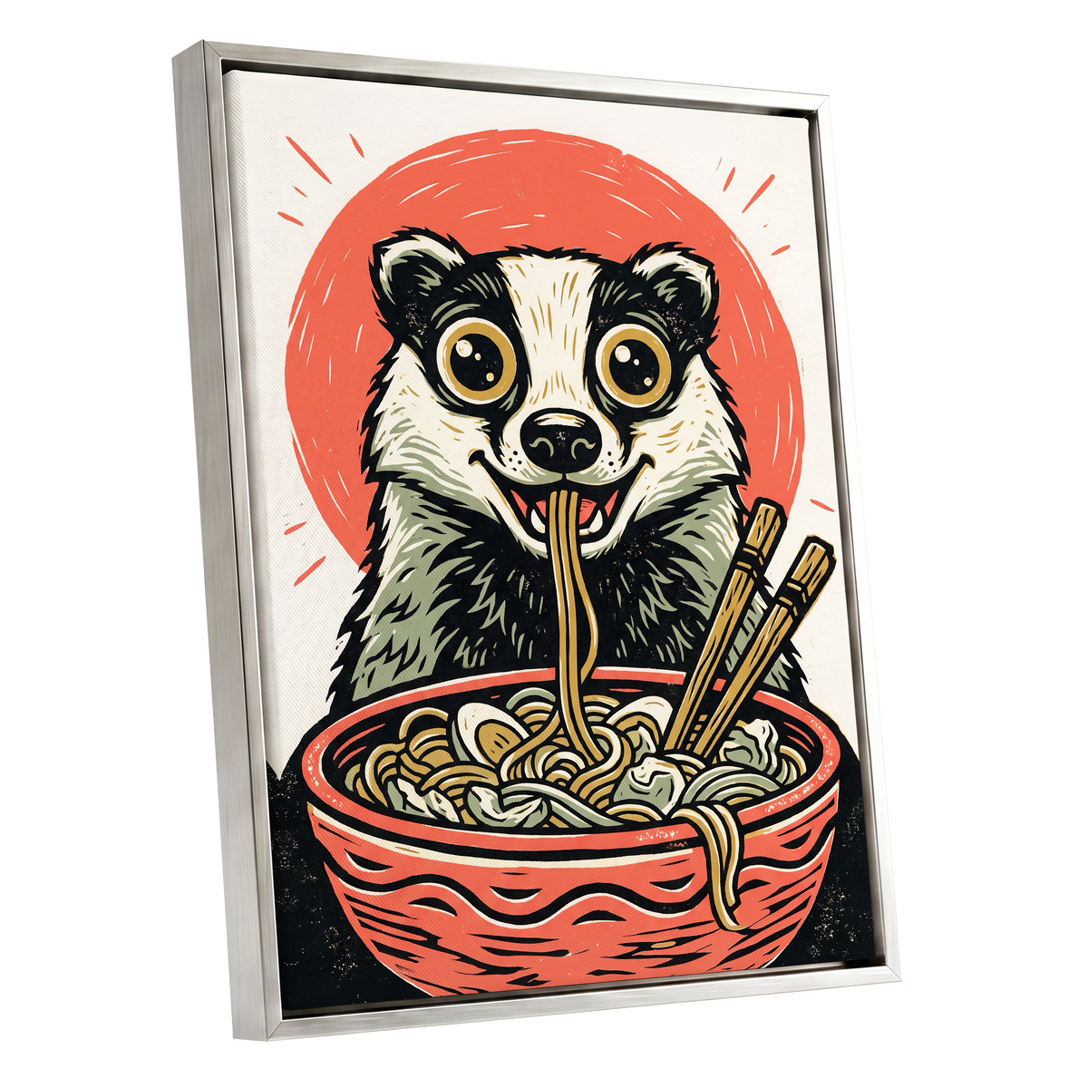 Midnight Noodle Badger, red, black, beige nature wall art shown as a silver framed canvas wall art