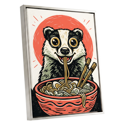 Midnight Noodle Badger, red, black, beige nature wall art shown as a silver framed canvas wall art