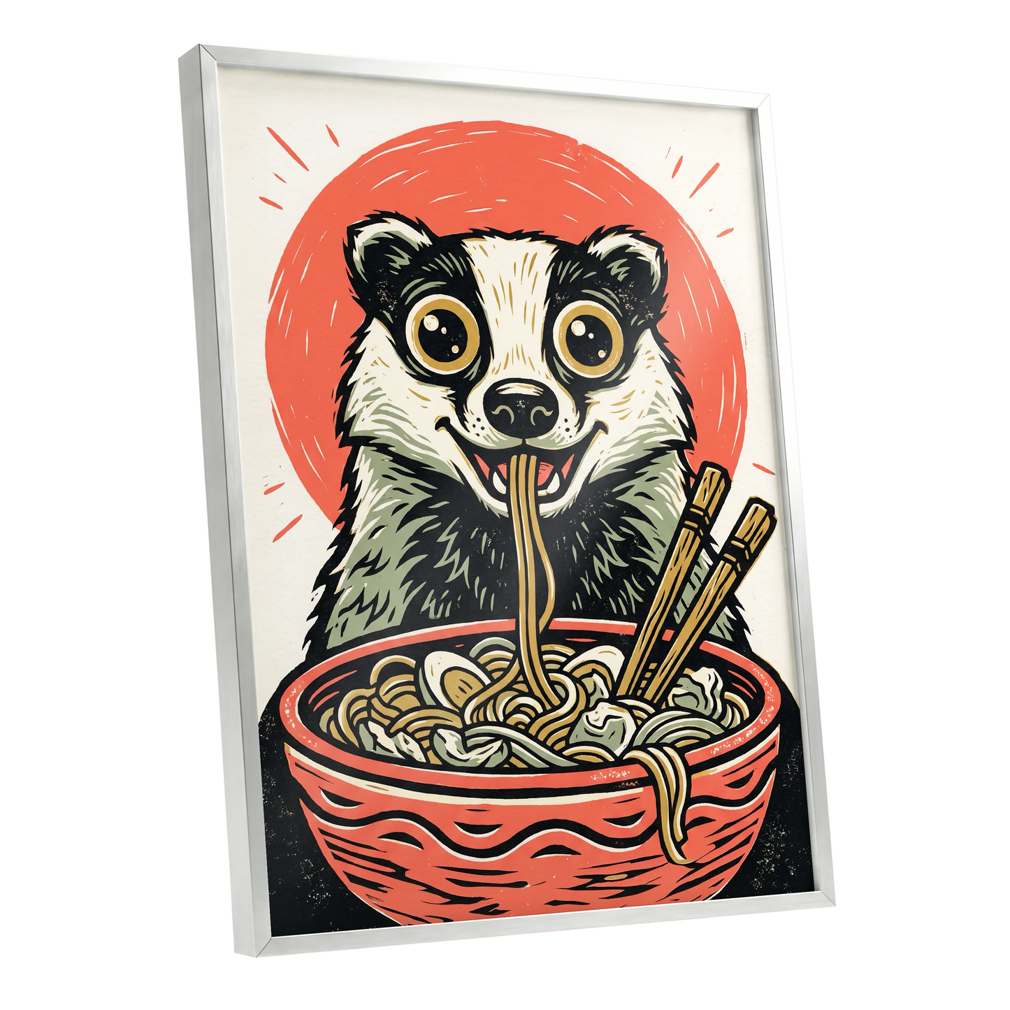 Midnight Noodle Badger, red, black, beige nature wall art shown as a silver framed poster wall art print