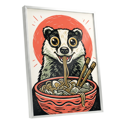 Midnight Noodle Badger, red, black, beige nature wall art shown as a silver framed poster wall art print