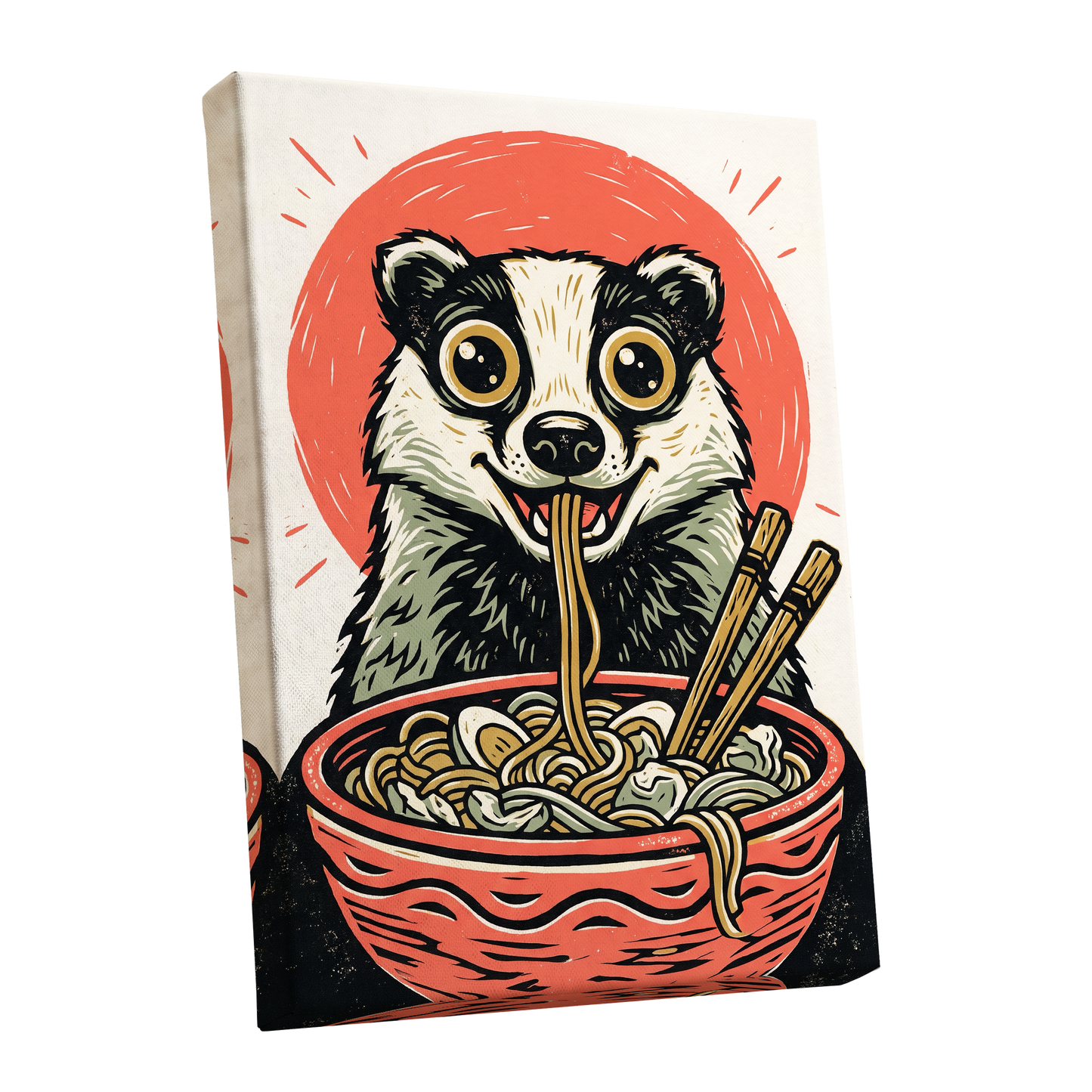 Midnight Noodle Badger, red, black, beige nature wall art shown as a stretched canvas wall art
