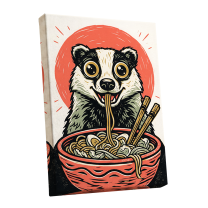 Midnight Noodle Badger, red, black, beige nature wall art shown as a stretched canvas wall art