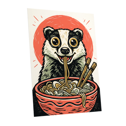 Midnight Noodle Badger, red, black, beige nature wall art shown as a unframed poster wall art print