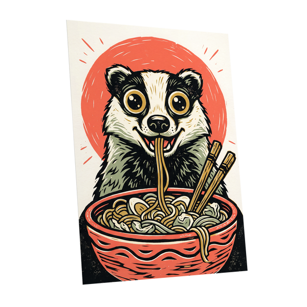 Midnight Noodle Badger, red, black, beige nature wall art shown as a unframed poster wall art print