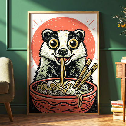 Midnight Noodle Badger, red, black, beige nature wall art displayed in a styled interior, gallery view 2