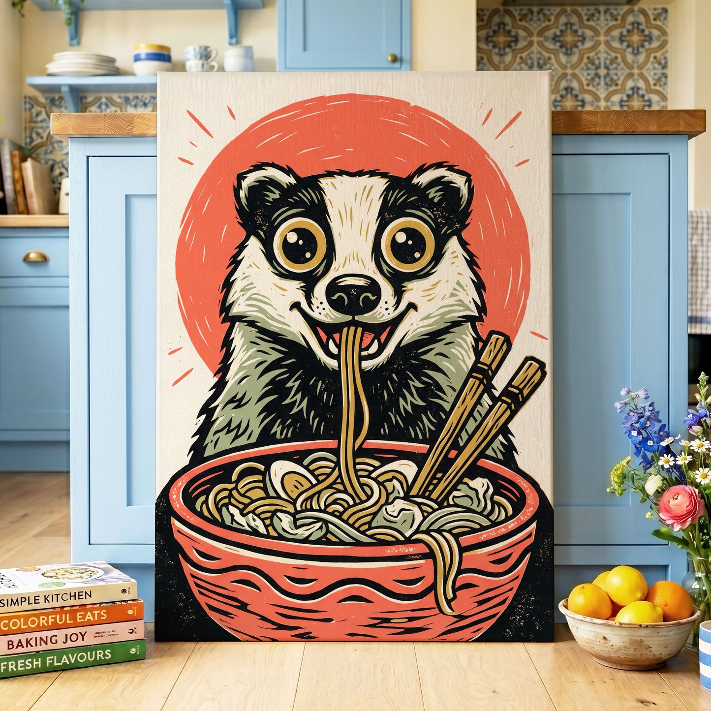 Midnight Noodle Badger, red, black, beige nature wall art displayed in a styled interior, gallery view 3